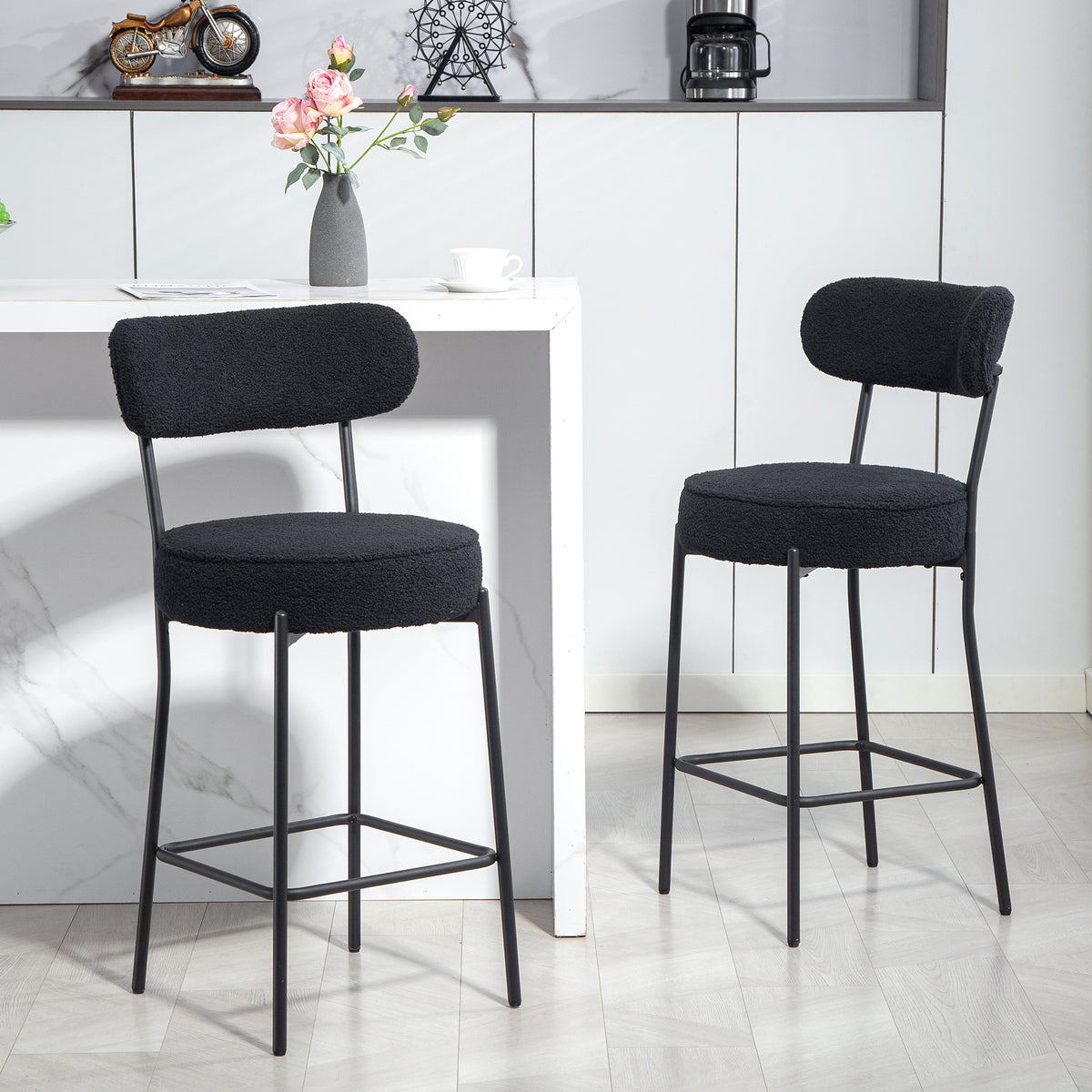 Lot de 2 tabourets de bar en tissu bouclette, chaises de bar avec dossier courbé, repose-pieds, 49x52x95cm, noir-9