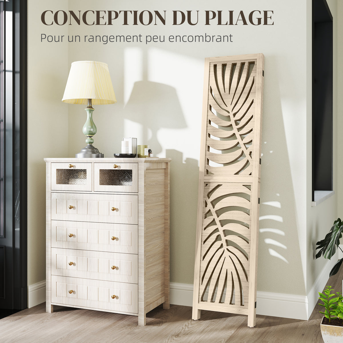 Paravent interieur en bois 3 panneaux 120 x 170 cm, pliable et portable, motif de feuille, design amovible, bois naturel-4