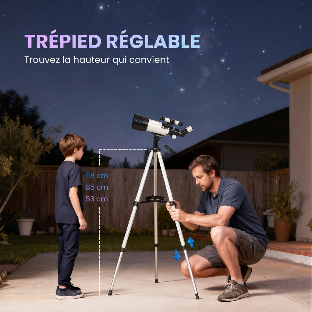 Télescope Astronomique pour Adultes et Débutants 70 mm, 2 Oculaire 40X/16X, Trépied Réglable, 80 x 80 x 135 cm, Blanc-6