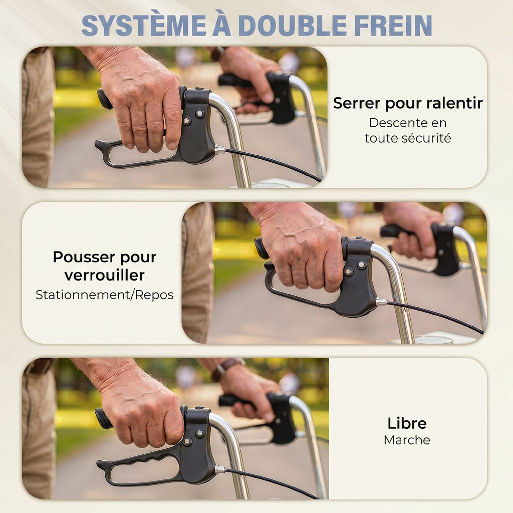 Déambulateur 4 roues pliable, rollator en acier inoxydable, siège rembourré en PU, poignée réglable, bleu-6