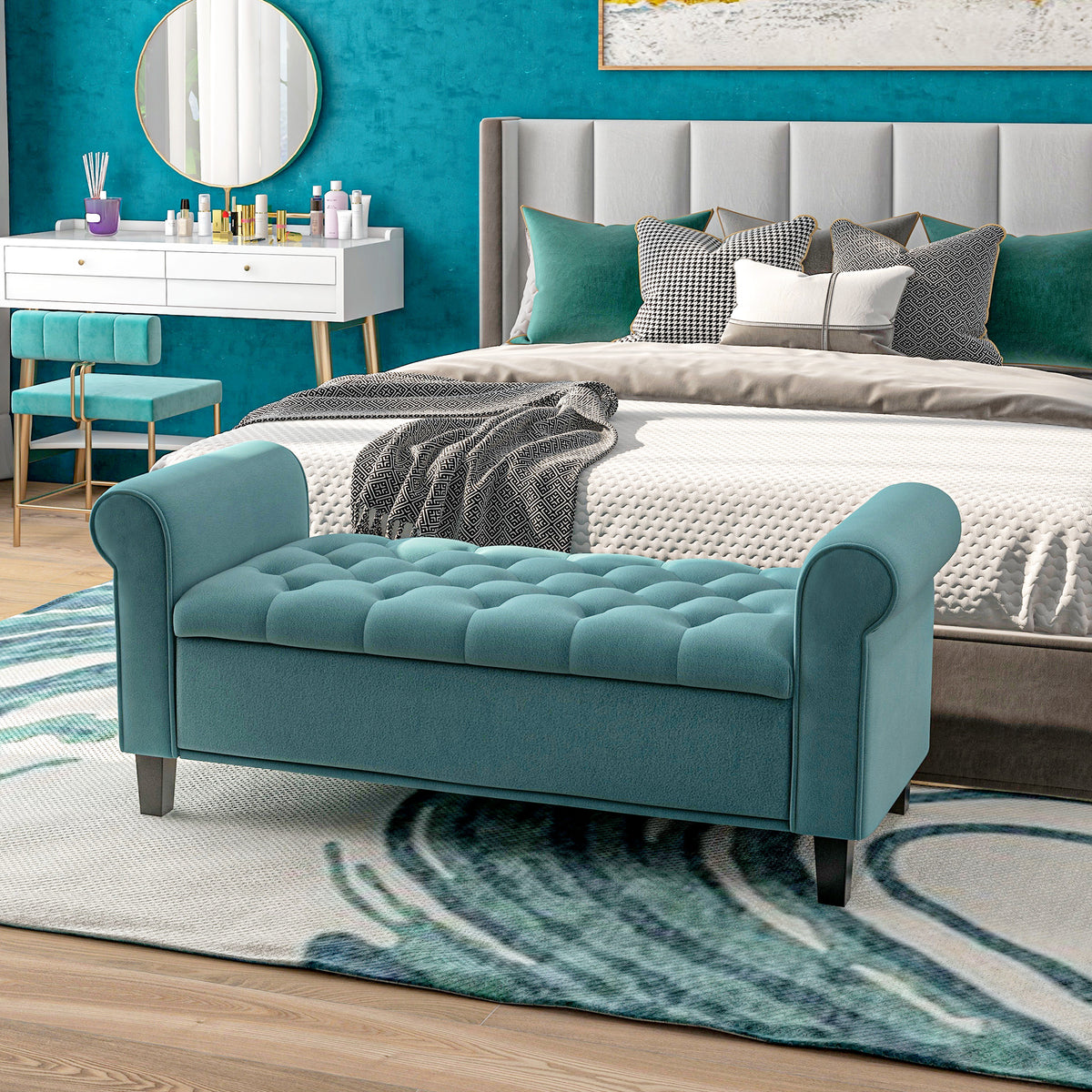 Banc de rangement bout de lit avec accoudoirs, tissu velours rembourré et capitonné, 126 x 48,5 x 57 cm, vert-9