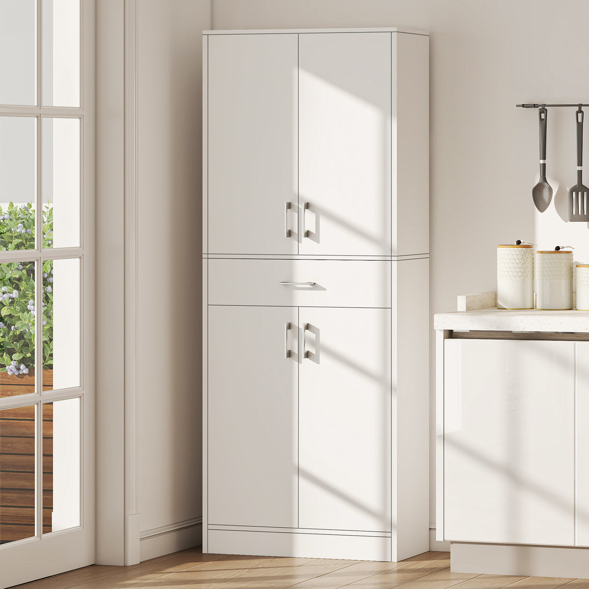 Buffet haut armoire de cuisine 4 portes 2 placards et 1 tiroir central hauteur 180 cm avec 2 étagères réglables blanc-9
