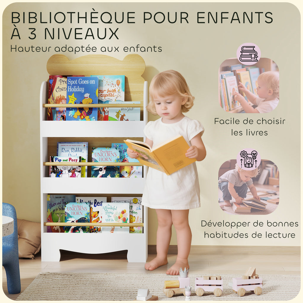 Bibliothèque pour enfant, rangement livre enfant 3 niveaux pour salle de jeux, chambre d'enfant, bois naturel-3