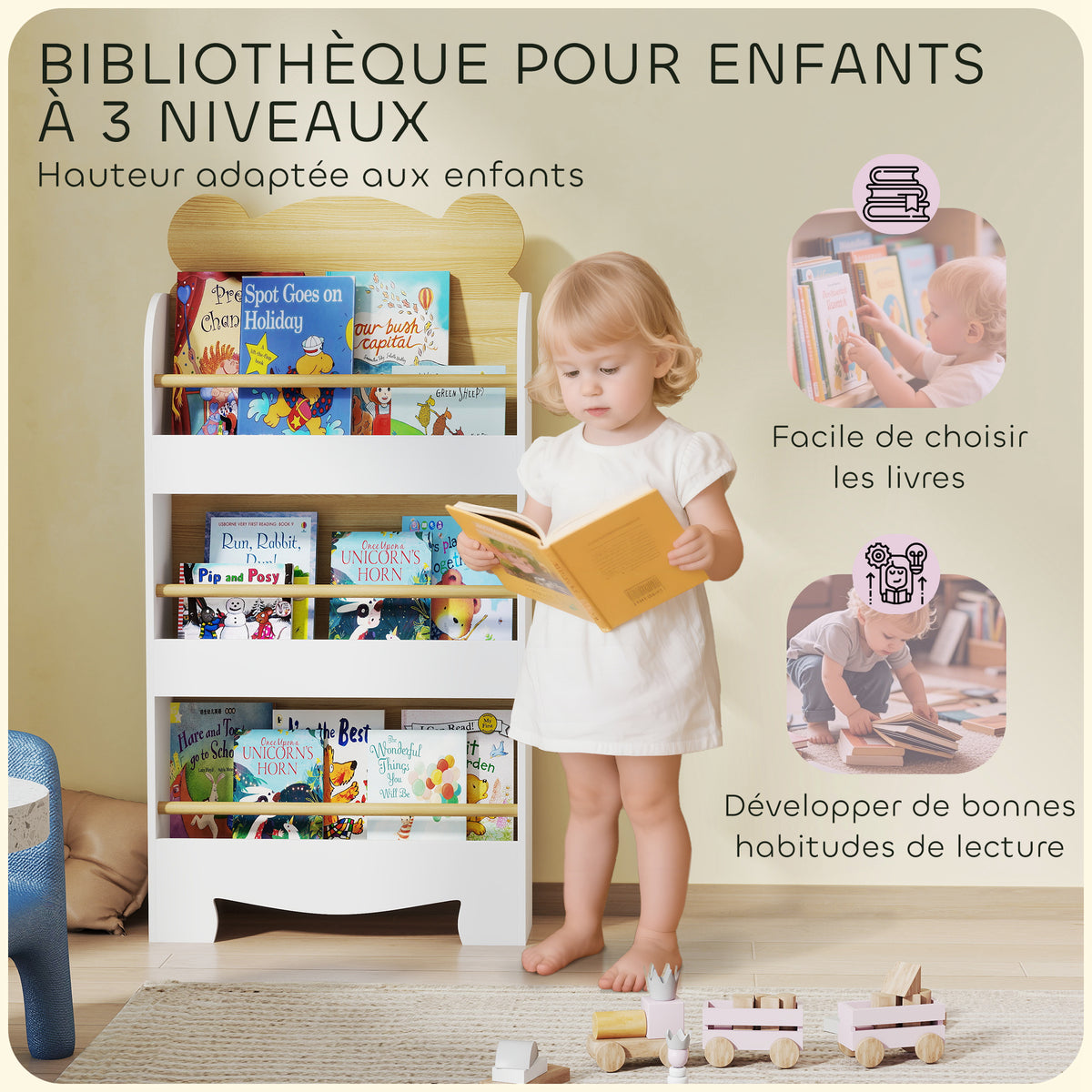 Bibliothèque pour enfant, rangement livre enfant 3 niveaux pour salle de jeux, chambre d'enfant, bois naturel-3
