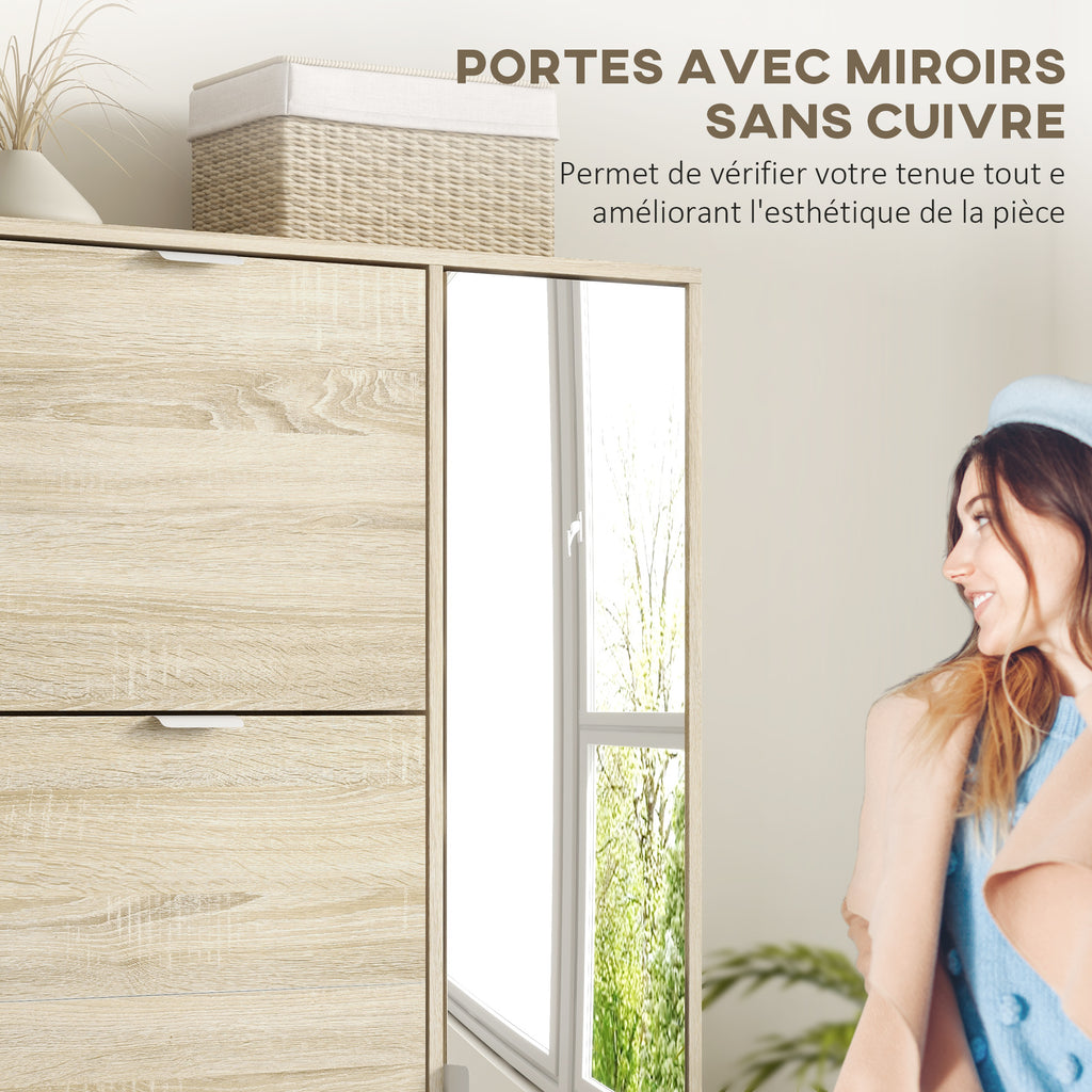 Meuble à chaussures avec 4 abattants, 2 placards et façades miroir pour 16 paires de chaussures, meuble d'entrée-3