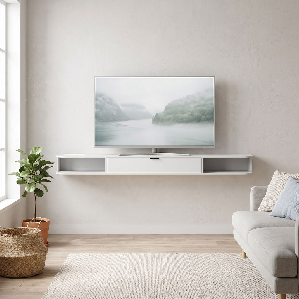 Meuble TV Suspendu, Meuble Télé pour Téléviseur jusqu'à 75 Pouces, Tiroir Rabattable, 2 Étagères, 180x24x16cm, Blanc-1