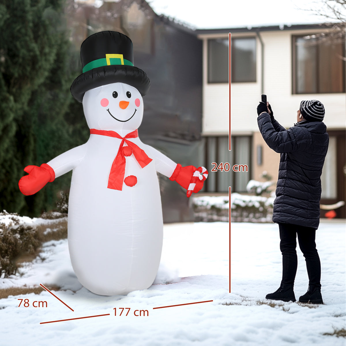 Bonhomme de neige gonflable de Noël, 240 cm, décoration gonflables de Noël avec lumières LED, 177x78x240cm, multicolore-2