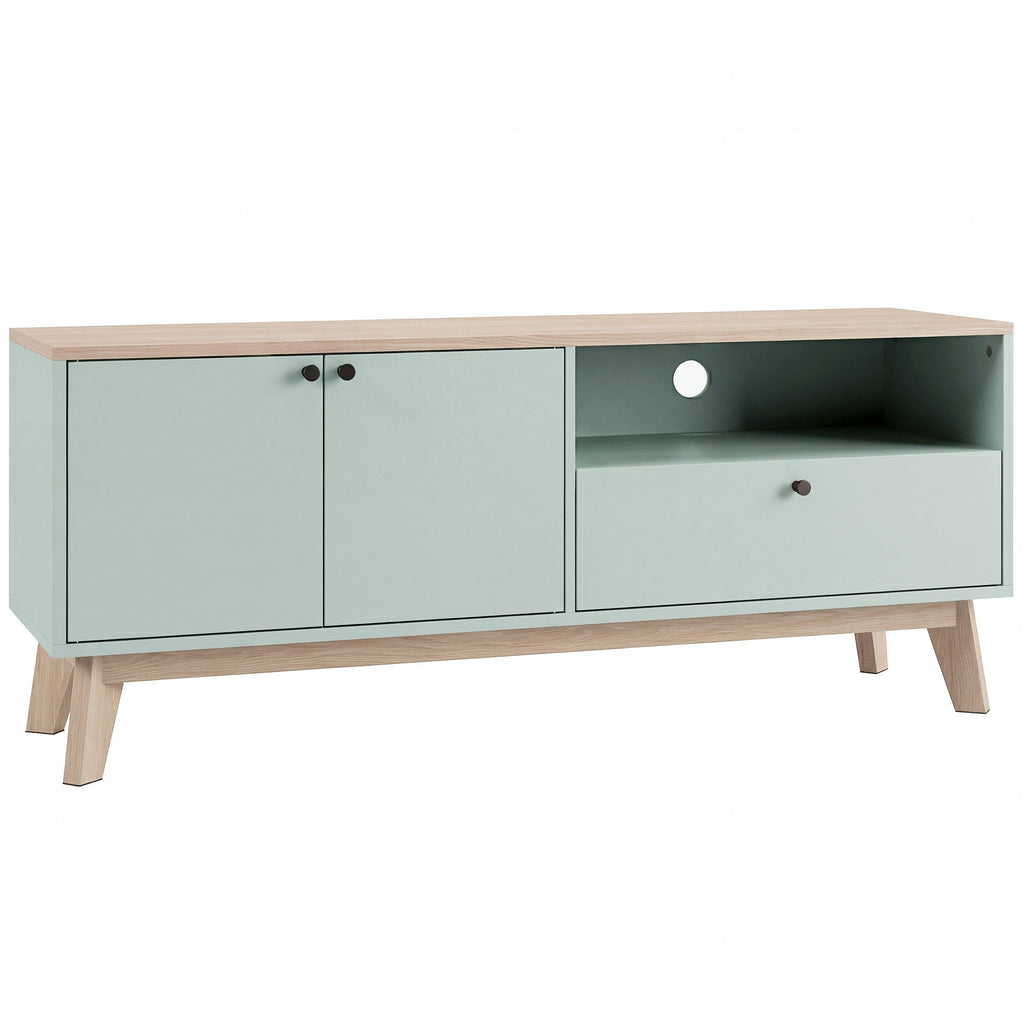 Meuble TV 120 cm, meuble télé pour téléviseur jusqu'à 36 pouces avec 2 portes, tiroir, compartiment ouvert, vert clair-0