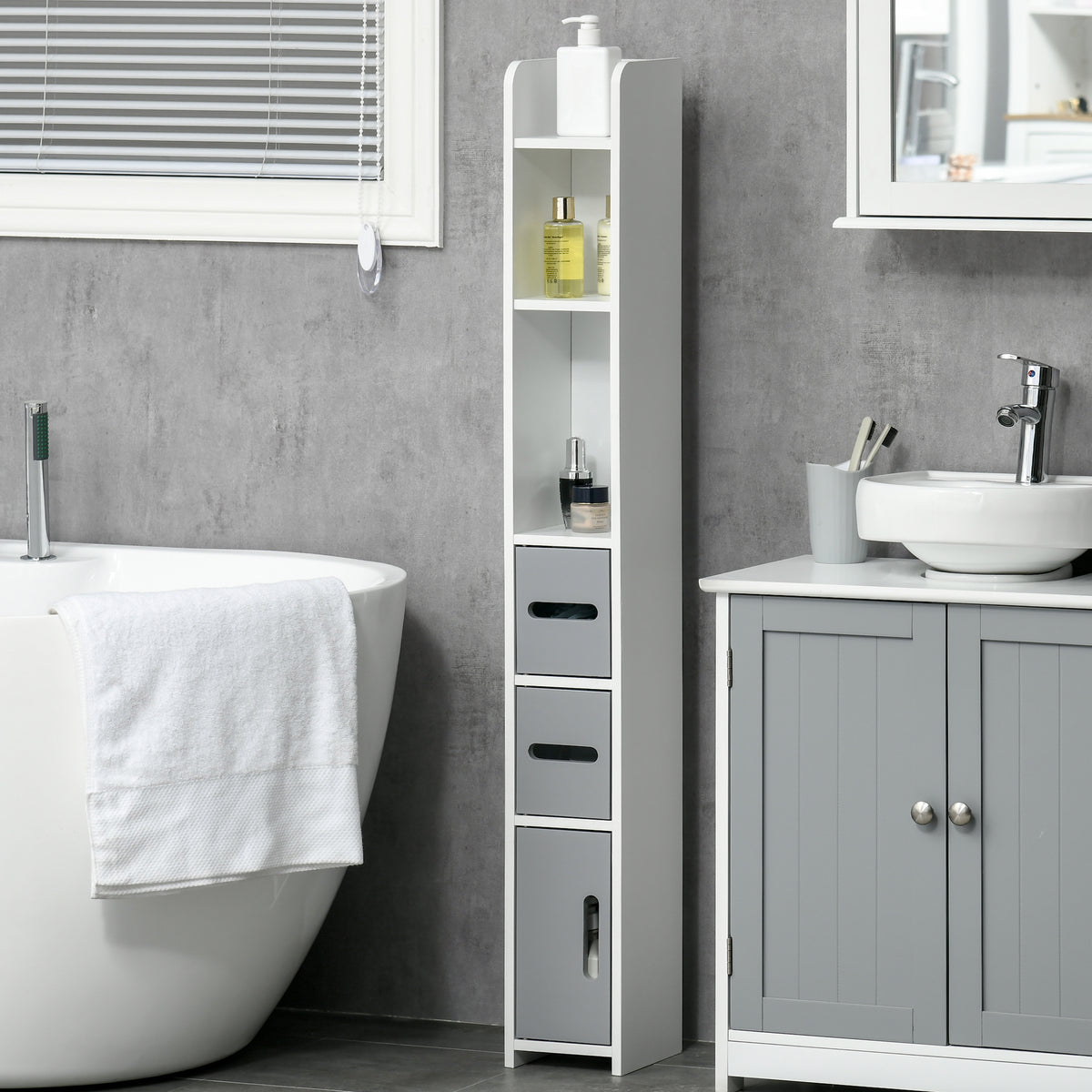 Meuble colonne de salle de bain armoire toilette haute avec étagères et placards - 15 x 17 x 120 cm gris-1