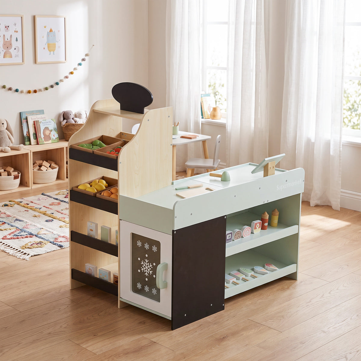 Marchande Enfants en Bois, Caisse Enregistreuse, Aliments Factices, Tableau Noir et 44 Accessoires, pour 3 à 6 Ans-1