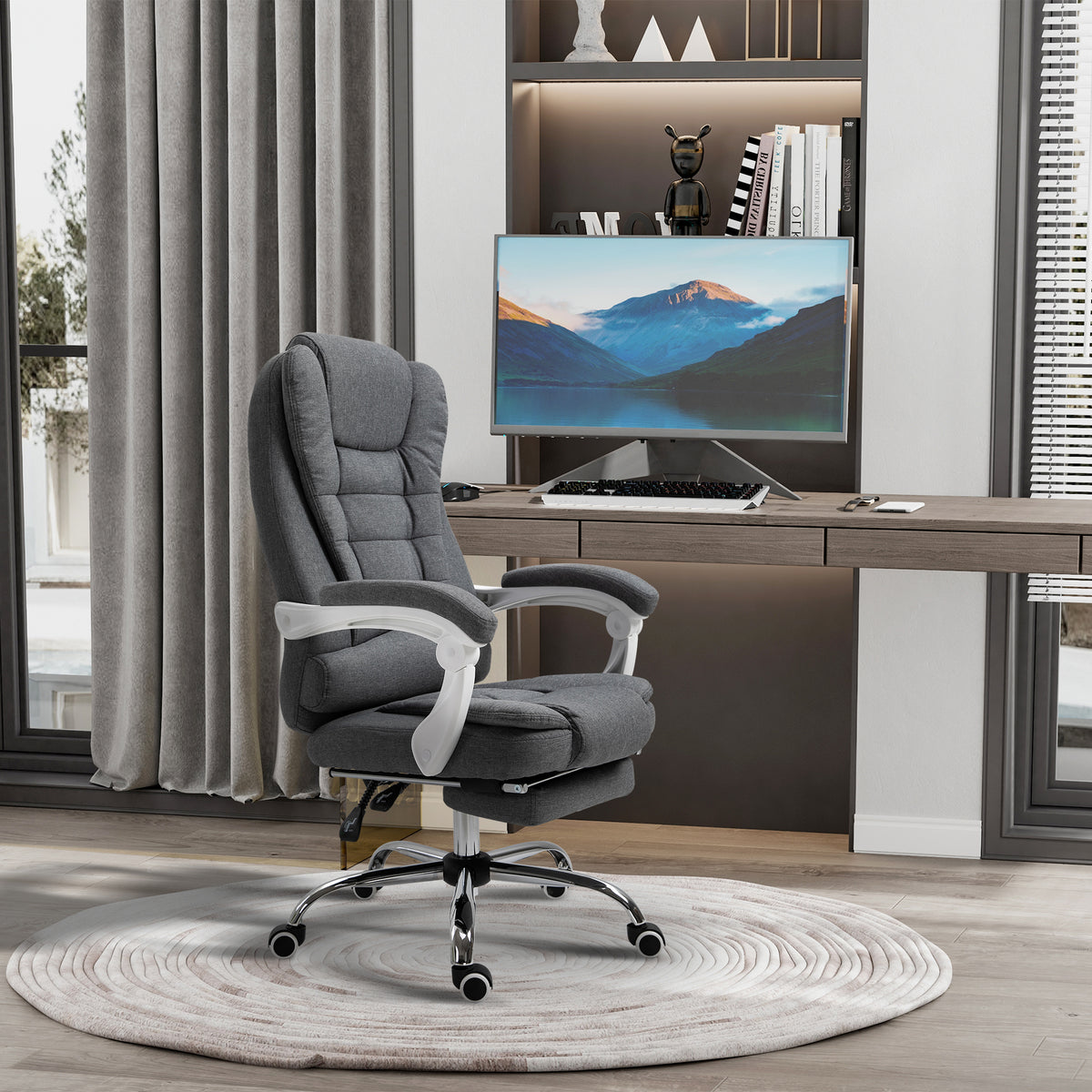 Fauteuil de bureau manager chaise pour ordinateur avec repose-pied dossier inclinable accoudoirs rembourrés en lin gris-1