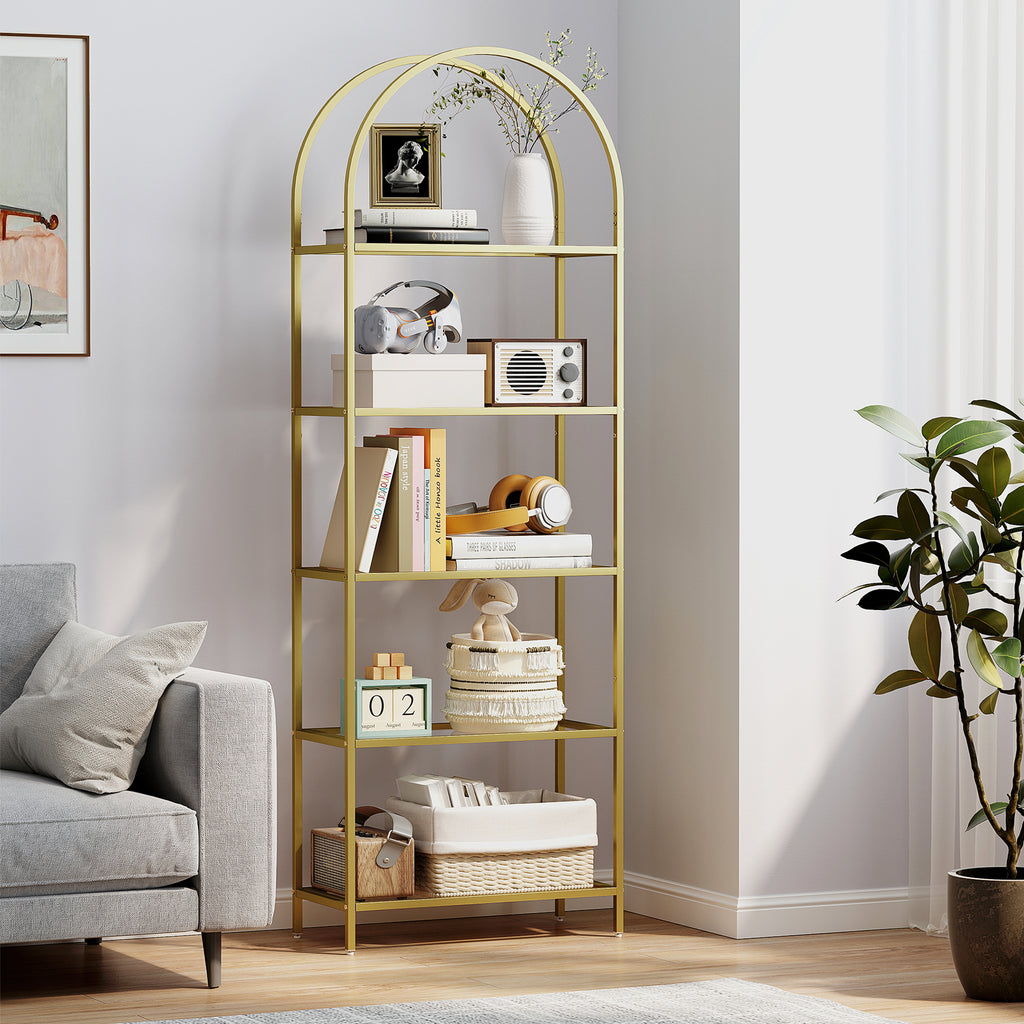 Bibliothèque étagère de rangement en verre à 5 niveaux arqué pour salon, bureau, chambre, 60 x 30 x 175 cm, doré-1