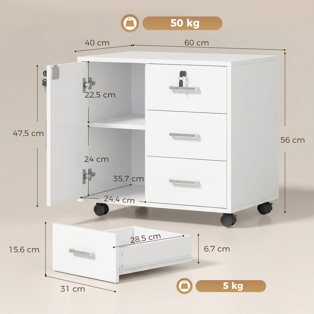 Caisson bureau meuble de rangement verrouillable avec 3 tiroirs et étagère réglable, roulettes, 40 x 60 x 56 cm, blanc-2