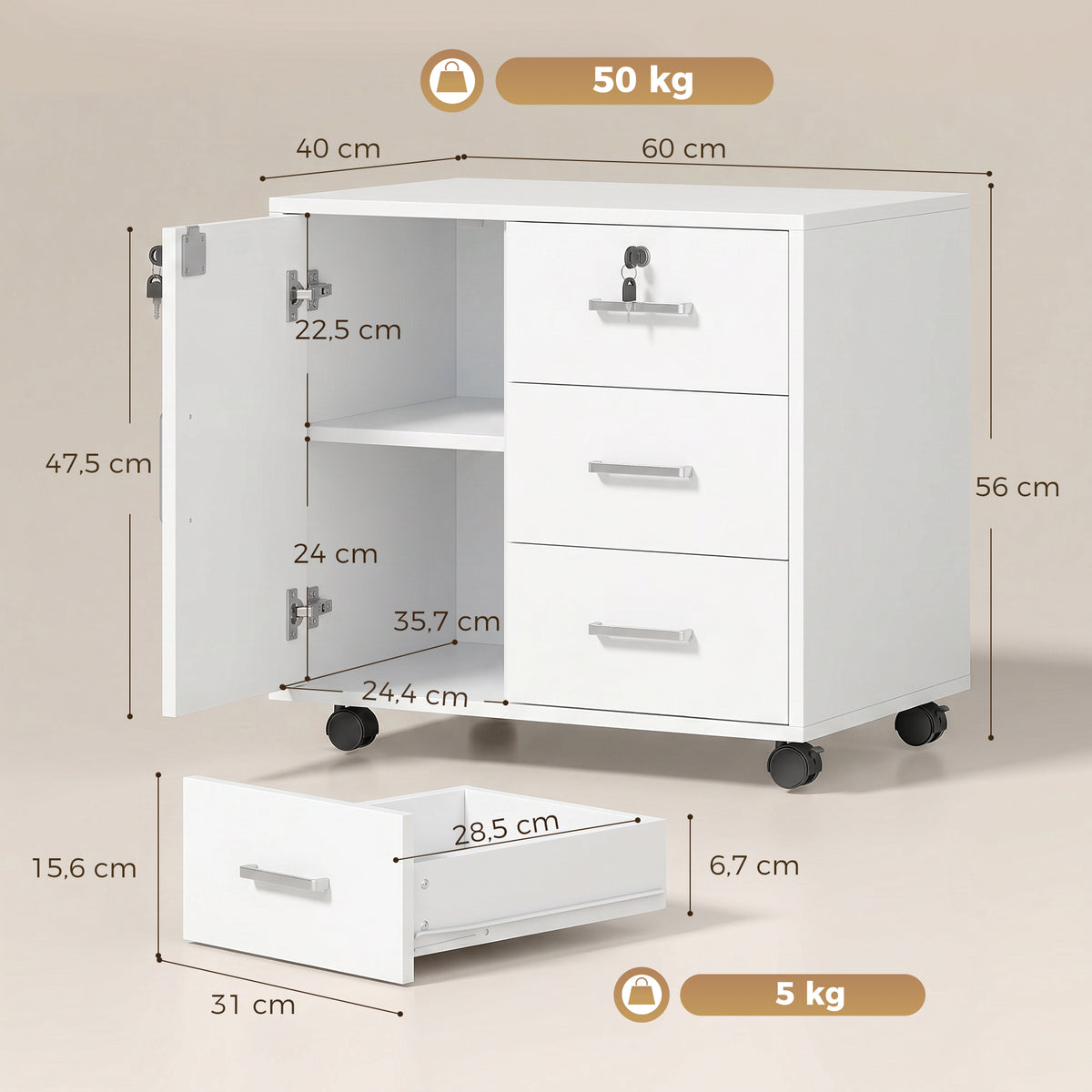 Caisson bureau meuble de rangement verrouillable avec 3 tiroirs et étagère réglable, roulettes, 40 x 60 x 56 cm, blanc-2