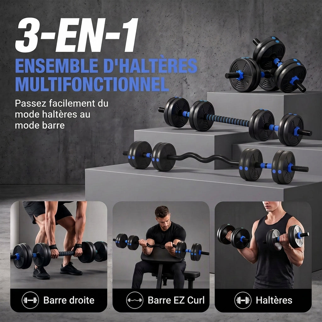 Kit haltères musculation haltères réglables 15 kg 3 en 1, ensemble de poids réglable avec barre d'extension noir-3