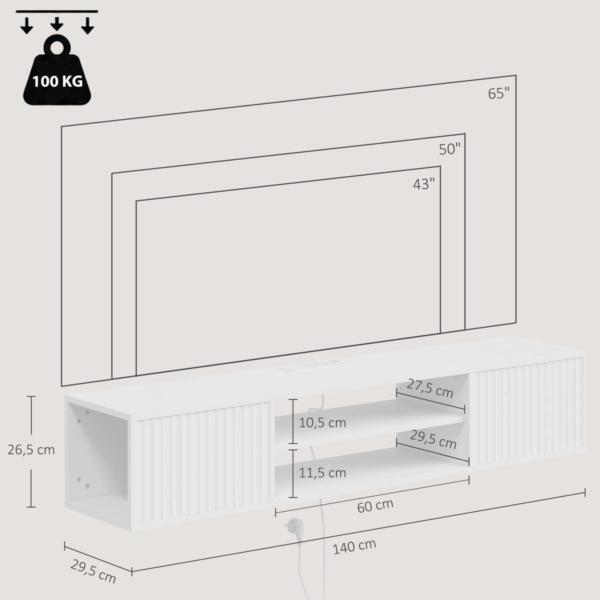 Meuble TV Suspendu Flottant 140cm avec Éclairage LED et Prises, 2 Portes Cannelées et Étagère Réglable, Blanc-2