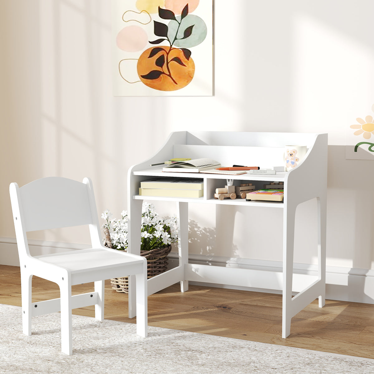 Ensemble bureau et chaise pour enfant 3 à 8 ans avec compartiments et étagères ouverts, blanc-9