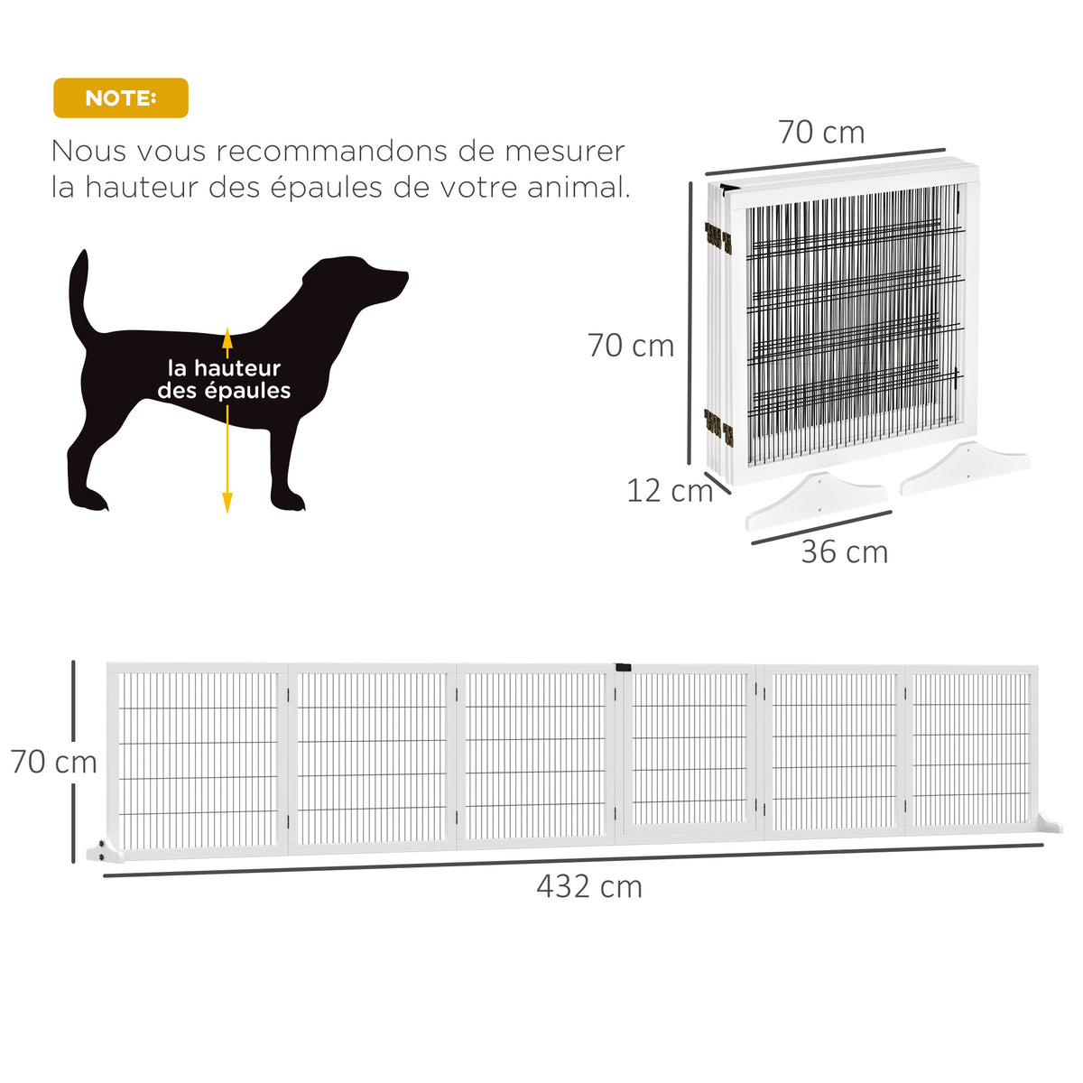 Barrière de sécurité pour chien barrière pliable à 6 panneaux avec pieds amovibles 432 x 36 x 70 cm blanc-2