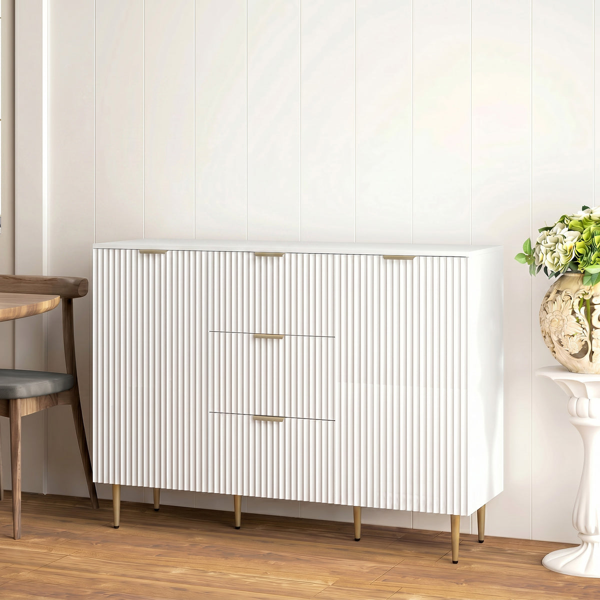 Buffet meuble cuisine rangement avec 3 tiroirs, étagères réglables, placards à portes cannelées, 120 x 40 x 90 cm, blanc-1