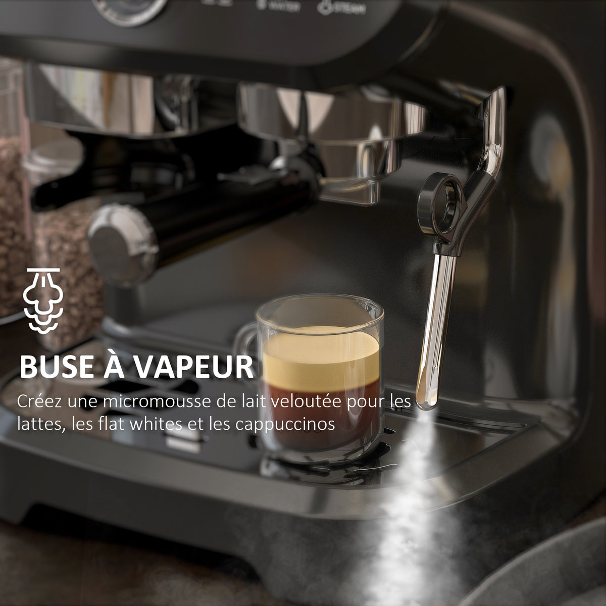 Machine à expresso 1600W avec moulin à grains, buse vapeur, pompe italienne 15 bars, réservoir d'eau 2 L, noir-4