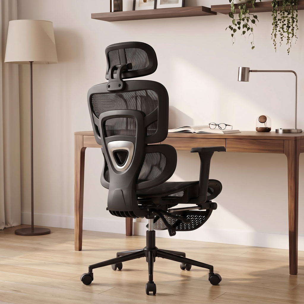 Chaise Bureau Ergonomique Inclinable en Maille, Support Lombaire, Appui-Tête 2D, Double Dossier Aéré, Noir-8