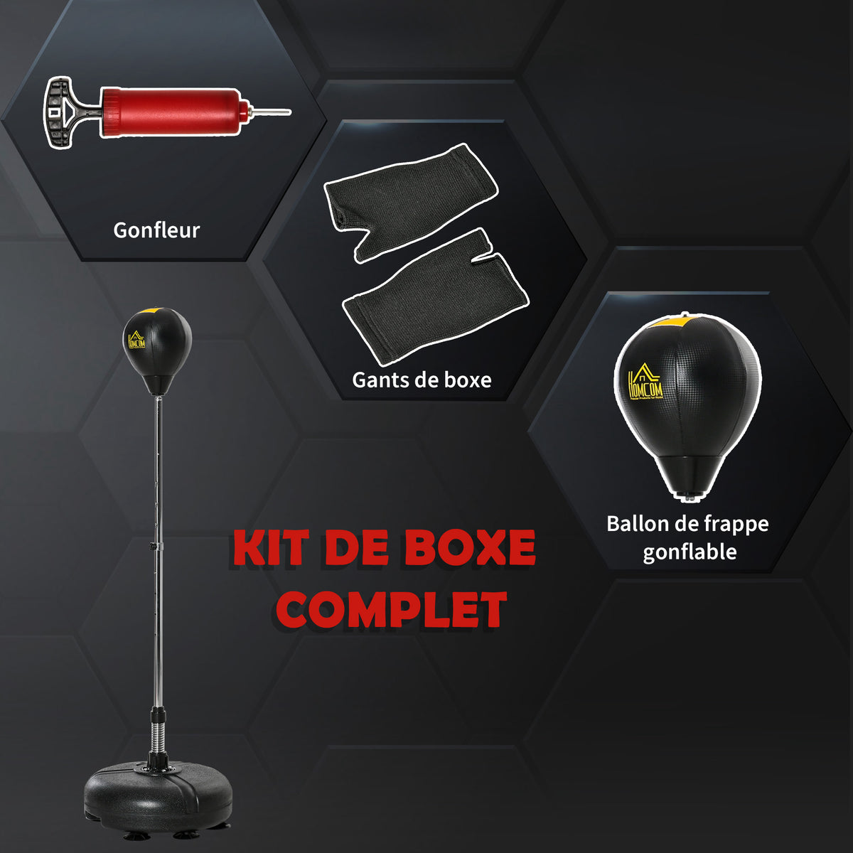 Punching ball sur pied réglable hauteur 133 -151 cm, sac de frappe sur pied 2 gants base lesté 45 x 45 x 133-151 cm noir-4