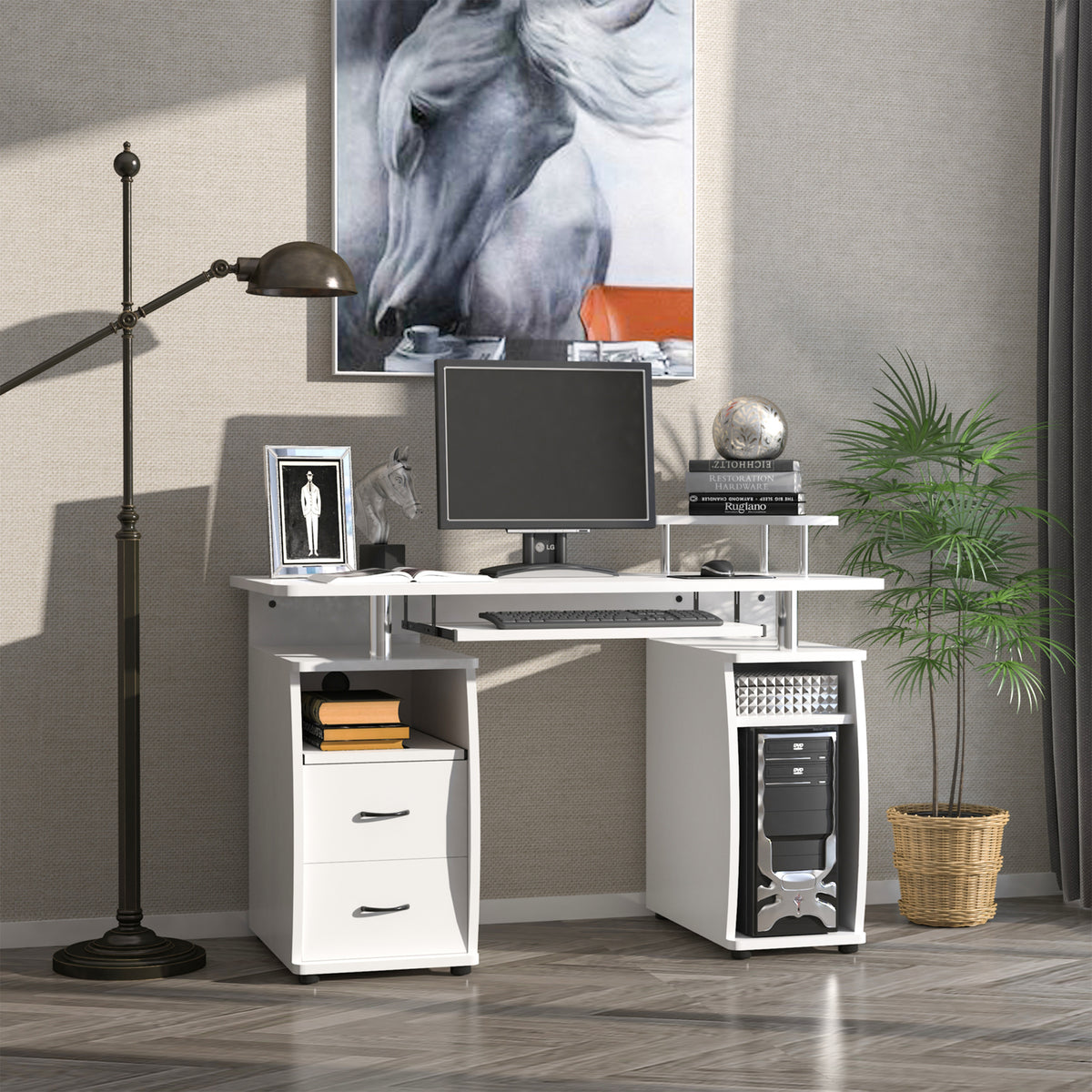 Bureau informatique multimédia multi-rangements 120L x 55l x 85H cm en bois blanc-1