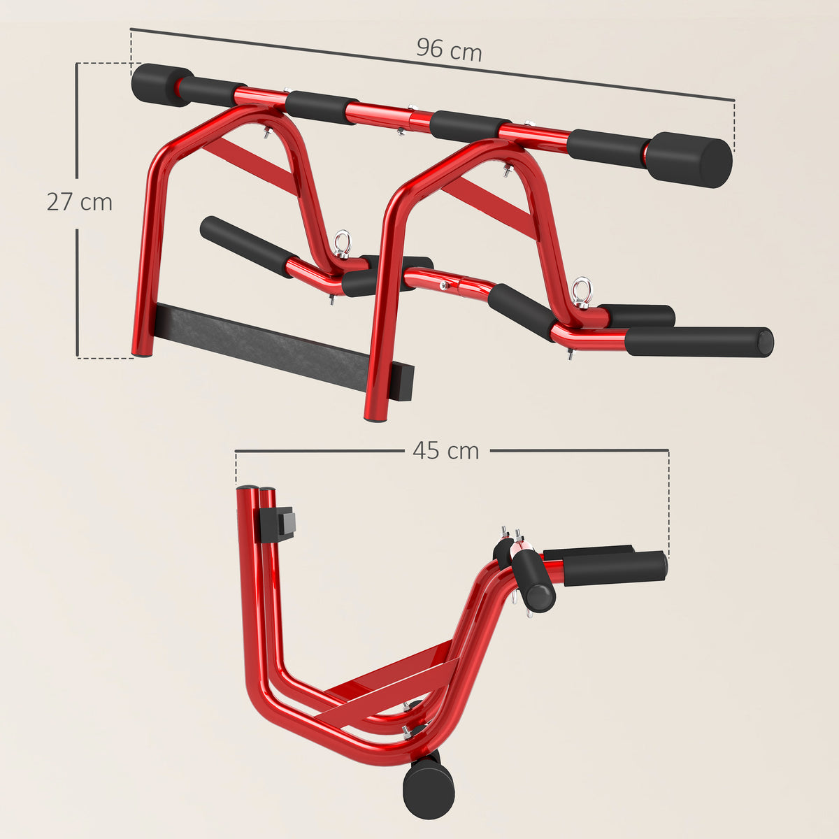 Barre de Traction Porte et Pompes au Sol Sans Perçage Pull Up Bar 2 en 1 150 kg Sécurité Anti-Chute 96x46x30,5cm Rouge-2