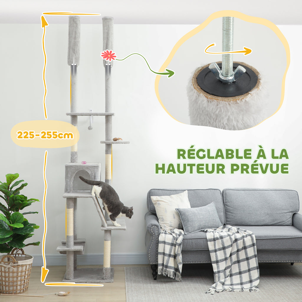 Arbre à chat du sol au plafond griffoir pour chat hauteur réglable 225-255 cm 6 niveaux avec niche hamac gris clair-4
