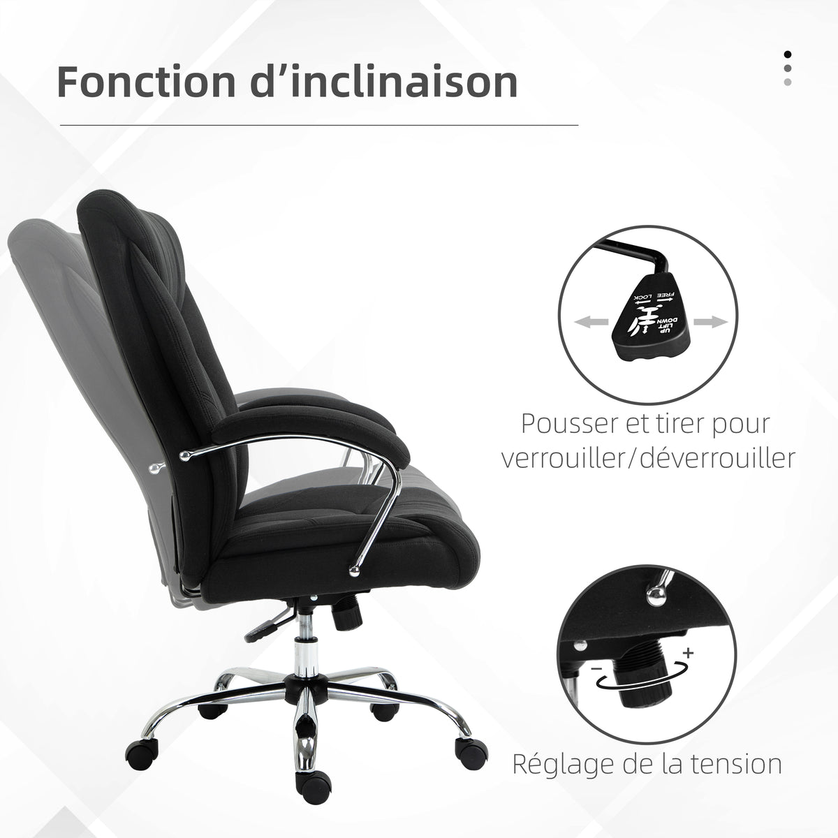 Fauteuil de bureau, chaise de bureau ergonomique, hauteur réglable, dossier haut, fonction de bascule, 65x78x118cm, noir-4