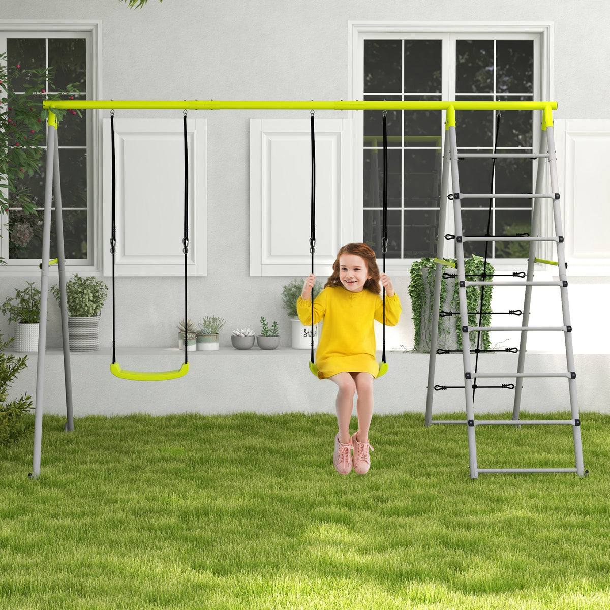4 en 1 balançoire portique pour enfant avec 2 siège de balançoire échelle grimpeuse et filet d'escalade vert-1