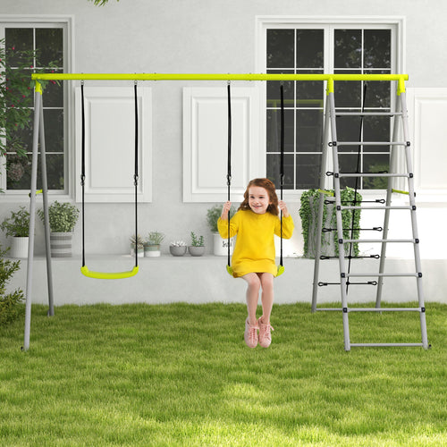 4 en 1 balançoire portique pour enfant avec 2 siège de balançoire échelle grimpeuse et filet d'escalade vert-1