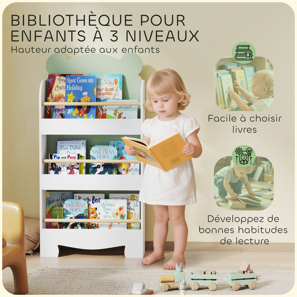 Bibliothèque pour enfant, rangement livre enfant 3 niveaux pour salle de jeux, chambre d'enfant, vert-3