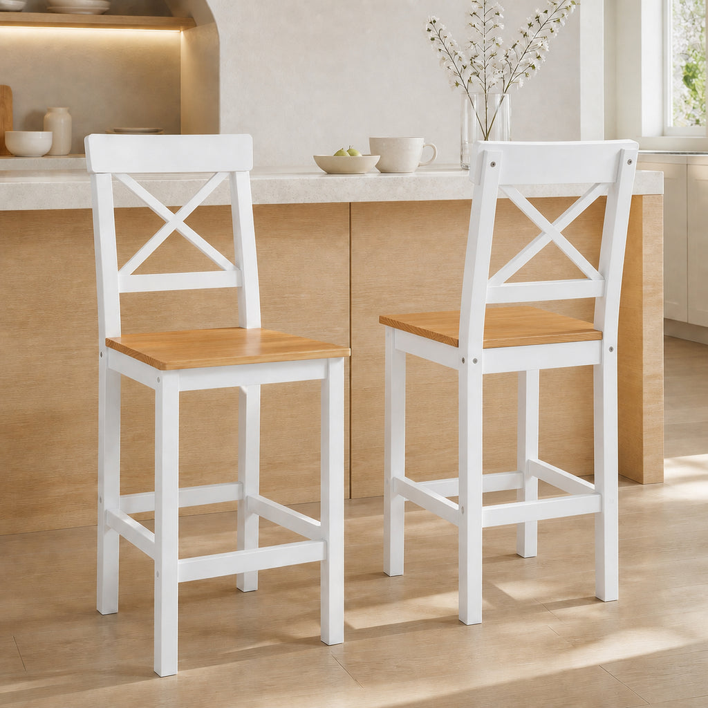 Lot de 2 tabourets de bar, chaises hautes campagne, dossier haut et repose-pieds, 41x46x97,5cm, blanc et bois naturel-9