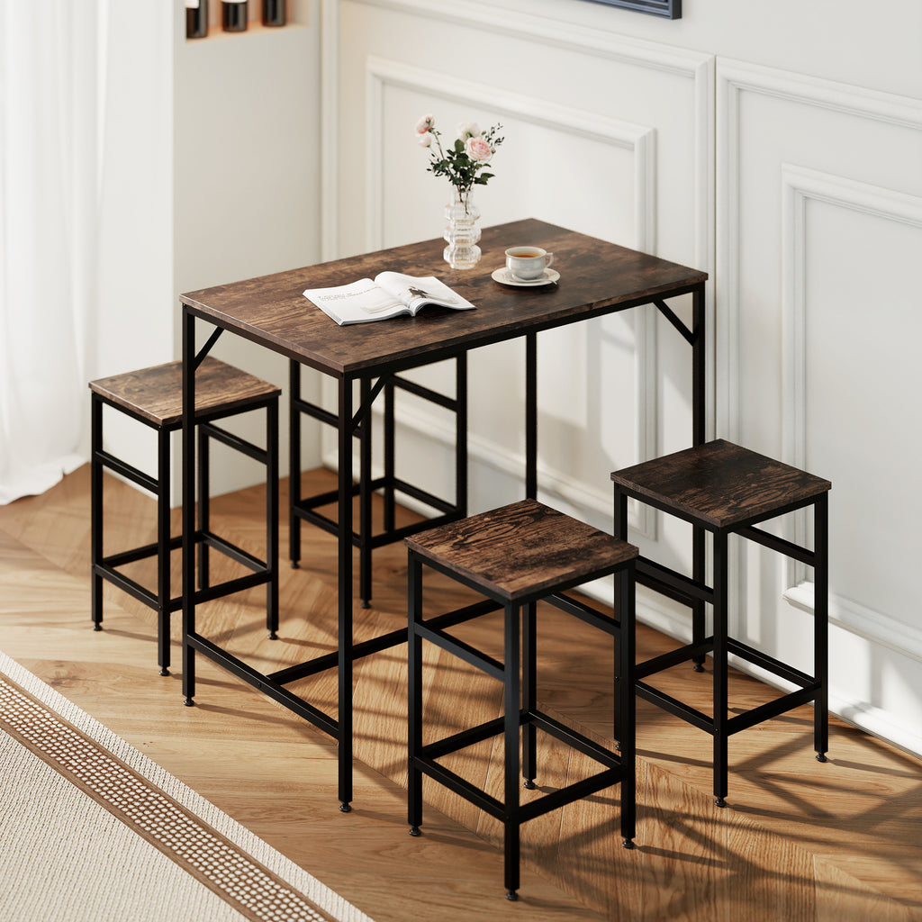 Ensemble table de bar industriel + 4 tabourets repose-pieds en bois couleur chêne cadre en métal noir-9