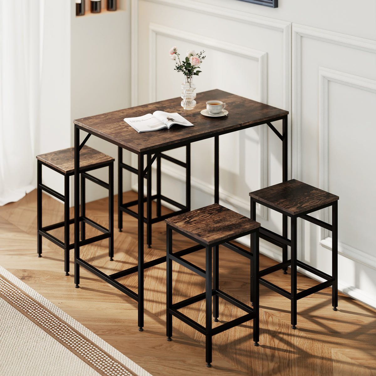 Ensemble table de bar industriel + 4 tabourets repose-pieds en bois couleur chêne cadre en métal noir-9
