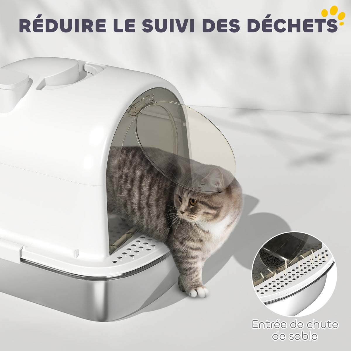 Maison de toilette pour chat bac à litière fermé bac acier inoxydable, nettoyage facile, 52,4 x 41,3 x 39,9 cm, blanc-4