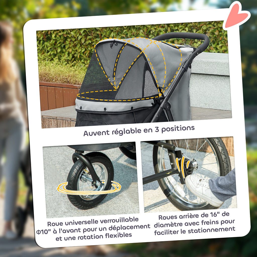 Poussette pour chien pliable avec panier de rangement, coussin lavable, roues en caoutchouc et auvent réglable, gris-5
