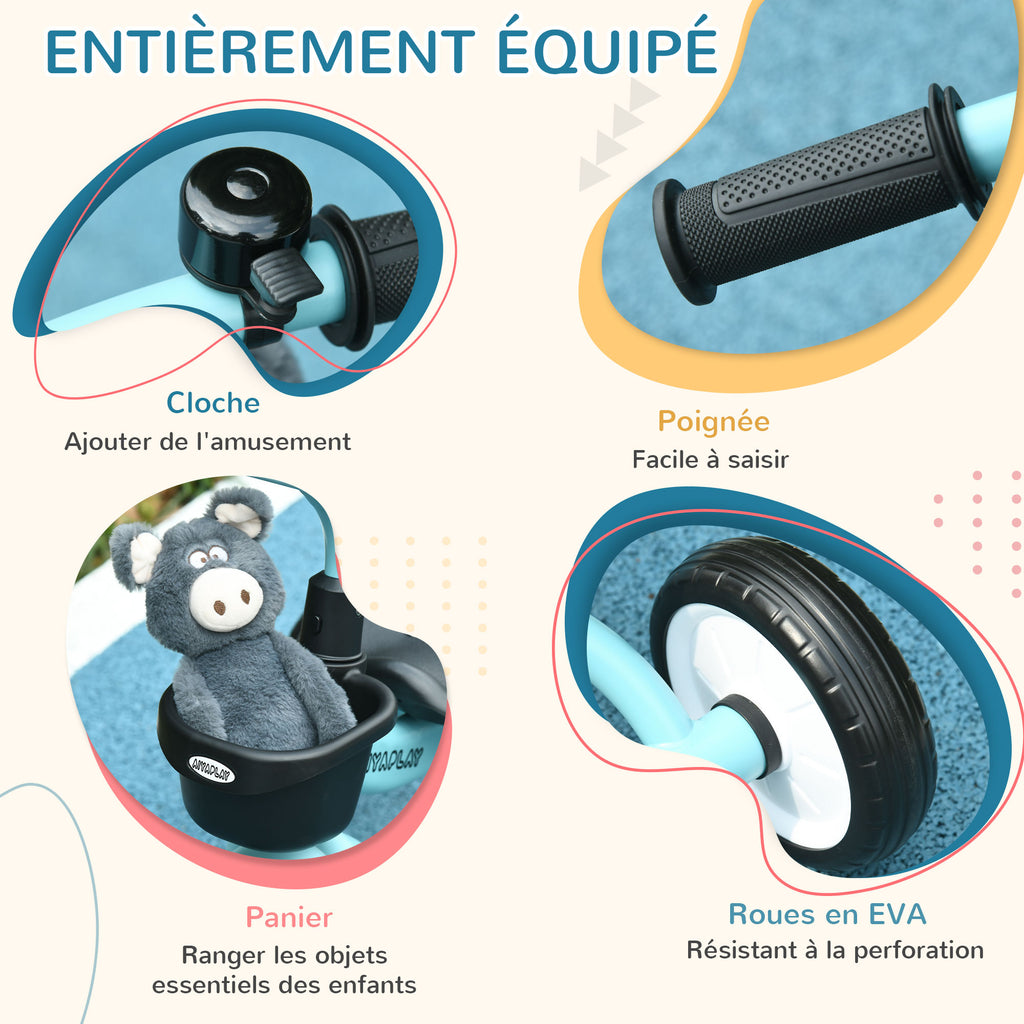 Tricycle enfants avec sonnette et panier selle réglable avec dossier - pour enfant de 2 à 5 ans bleu-5