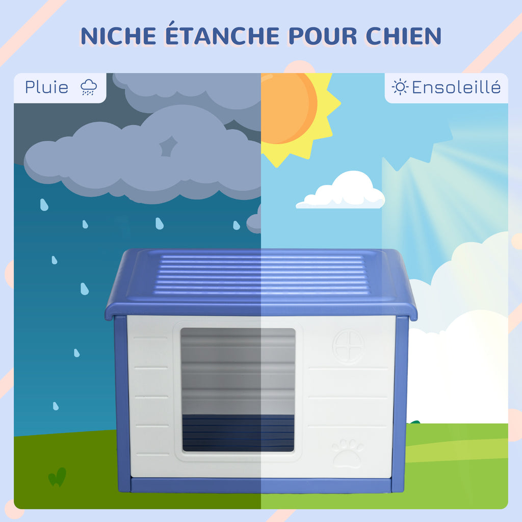 Niche pour chien extérieure en plastique maison pour chiens avec bouches d'aération bleu et blanc-5