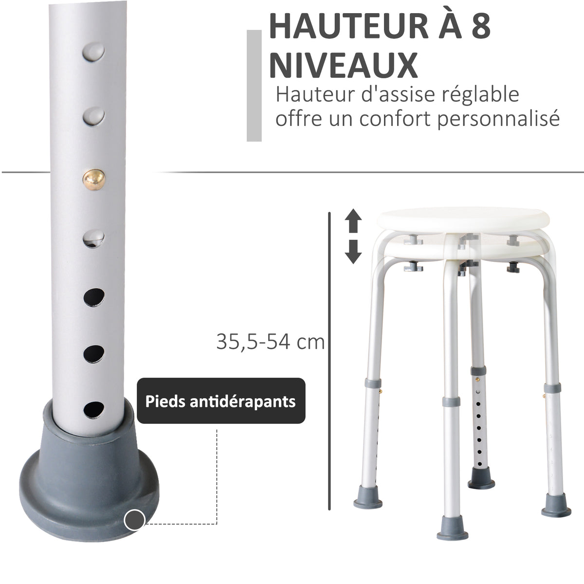 Tabouret de Douche réglable en Hauteur siège de Douche Ergonomique Pieds antidérapants Charge Max. 136 Kg alu HDPE Blanc-3