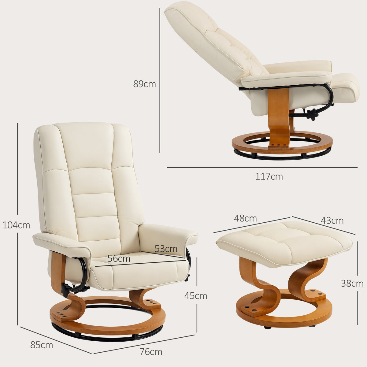 Fauteuil de relaxation inclinable avec repose-pied, pivotant, cadre en bois , revêtement synthétique crème-2