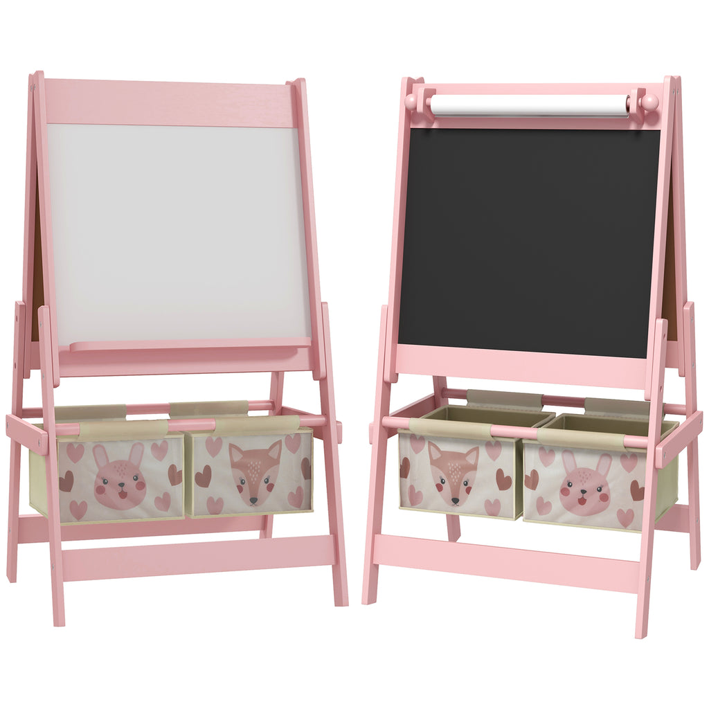 Tableau chevalet enfant ardoise double face tableau à craie rouleau papier 2 paniers 54 x 46,5 x 93 cm rose-0