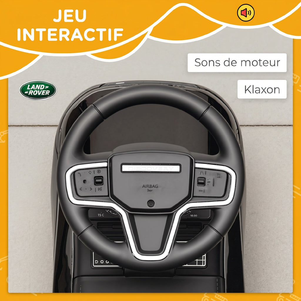 Porteur enfants voiture sous licence Land Rover, véhicule à pousser, klaxon, sons de moteur, rangement sous siège, noir-4