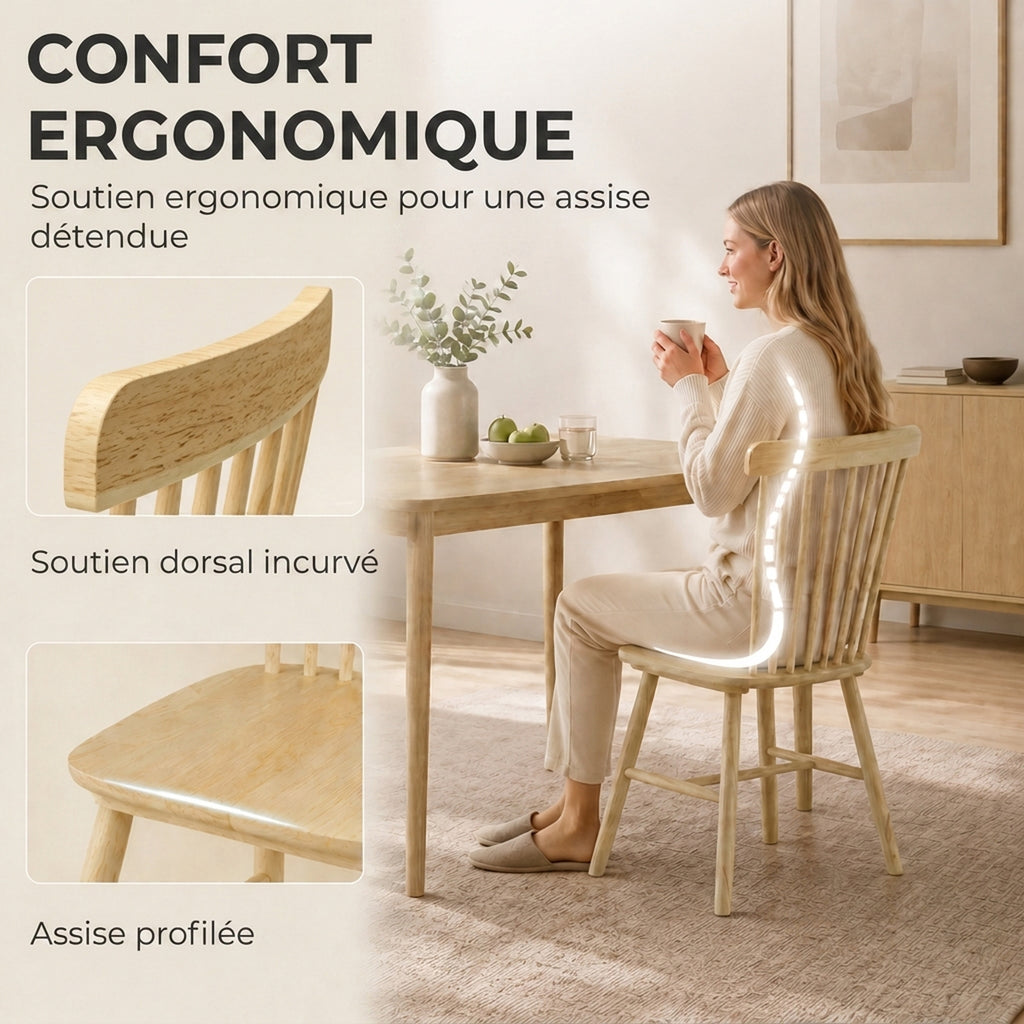 Lot de 2 Chaises de Salle à Manger, Chaises Cuisine en Bois d'Hévéa, Dossier Incurvé, Bords Arrondis, Bois Naturel-3