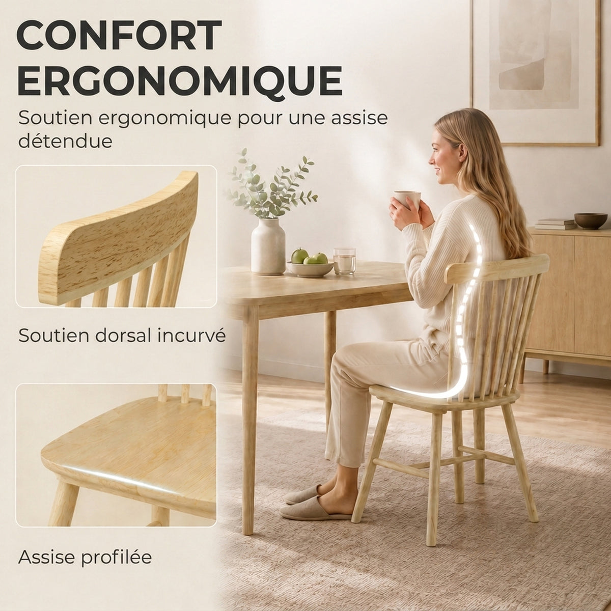Lot de 2 Chaises de Salle à Manger, Chaises Cuisine en Bois d'Hévéa, Dossier Incurvé, Bords Arrondis, Bois Naturel-3