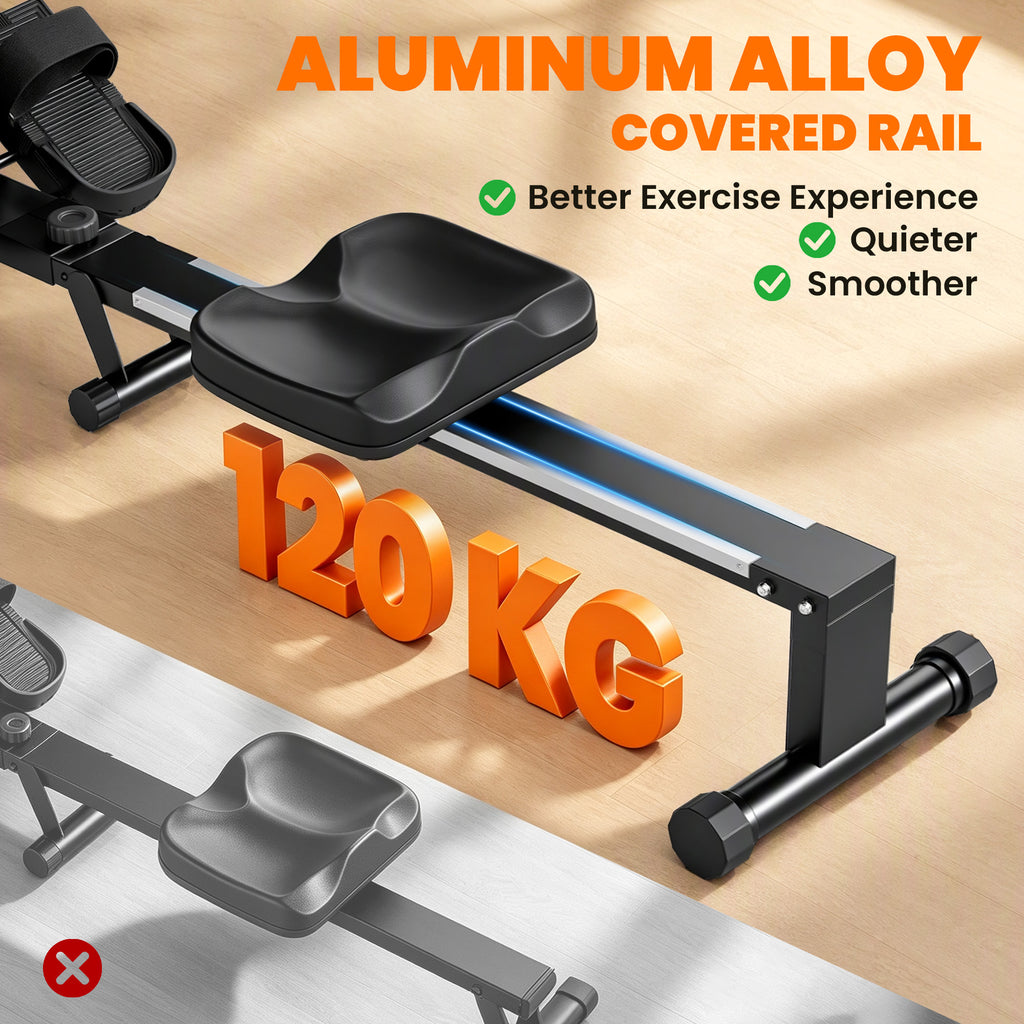 Rameur Musculation d'Appartement Pliable 16 Niveaux, App, Écran LCD, Support de Tablette, 180x50x75cm, Noir-7