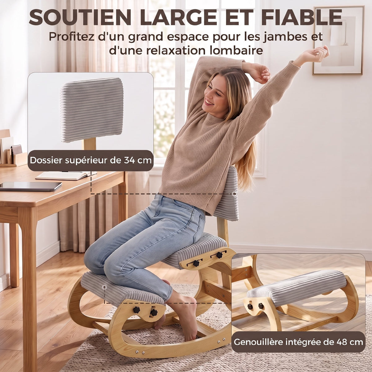 Chaise à Genoux Ergonomique avec Dossier, Siège Assis Genoux à Bascule Rembourré en Velours Côtelé, Gris Clair-4