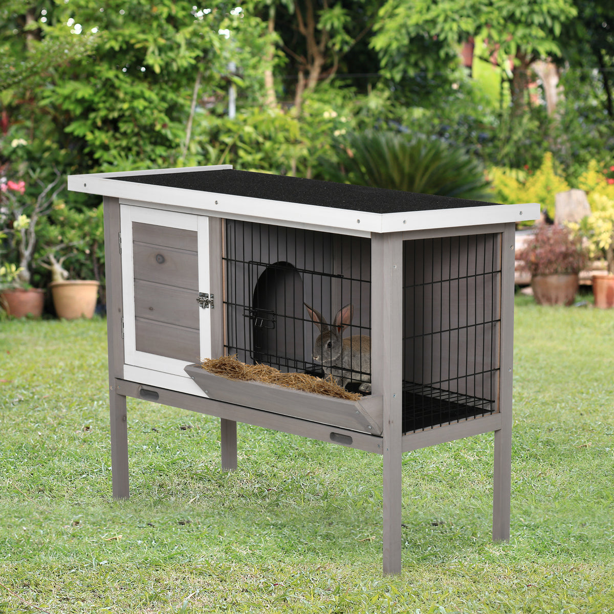 Clapier en bois pour lapin avec toit en asphalte mangeoire plateau amovible et 2 portes 91 x 46 x 71 cm gris-1