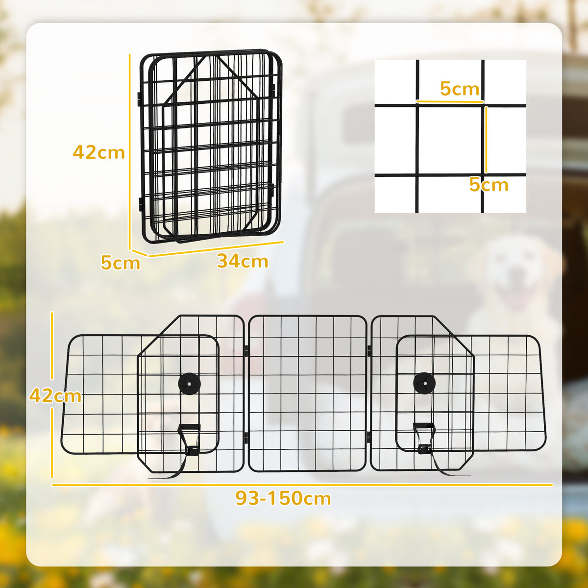 Grille de séparation voiture pour chien pliable largeur ajustable 93 à 150 cm barrière pour chien universelle, noir-2